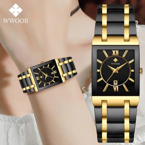 WWOOR Women Watch Japanese Quartz Watches Top Brand Square Black Gold Watch Stainless Steel Waterproof Fashion Ladies Wristwatch