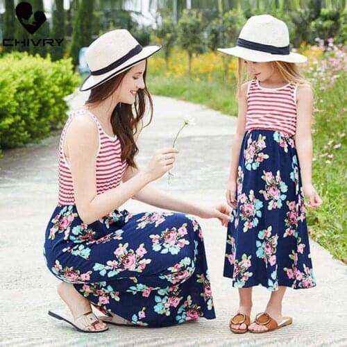 Chivry Mother Daughter Dresses Sleeveless Stripe Floral Patchwork Long Dress Mommy and Daughter Sundress Family Matching Clothes