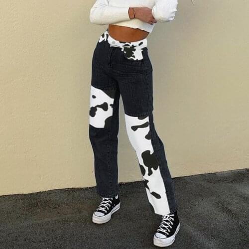 Patchwork Cow Print Jeans Women Y2K High Waisted Pants Harajuku Casual Black Trousers Ladies Straight Pants Streetwear