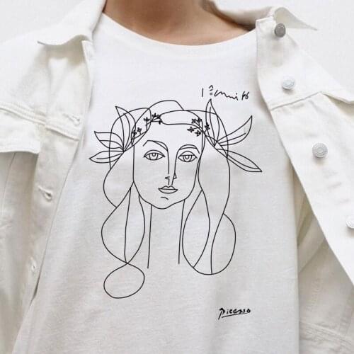 Aesthetic Line Drawing Printed Woman Tshirts Short Sleeve Loose Neck Summer Clothes Tops for Women Street Style Vogue T Shirt