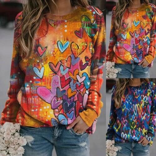 Womens T-shirts Casual Christmas Printed Love T-shirts Thermal Crewneck Long Sleeve T-shirts Loose Women Clothing 2021 Топ