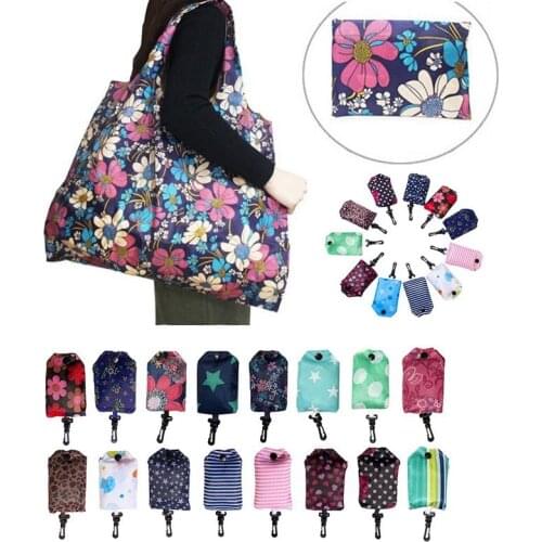 Hot Folding Reusable Grocery Bags Cloth Grocery Tote Washable Bags Polyester Foldable Into Attached Pouch Colorful