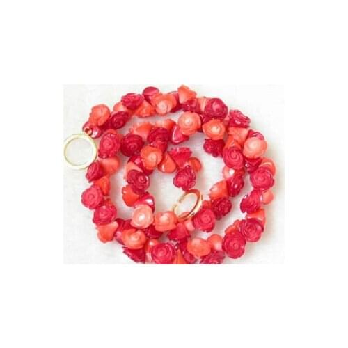Huij 004794 17'' 11mm flower handwork carve red and pink coral Necklace