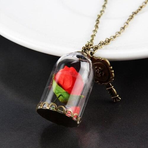 And the Beast Necklace Enchanted Rose in Terrarium Pendant Plated Valentines Day Fairy Tale Victorian Jewelry
