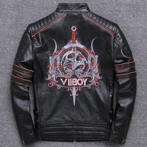 Jianlou Locomotive Clothing Male Genuine Leather Loose Coat Youth Stand Lead Short Fund Embroidery Human Skeleton Slim Fit