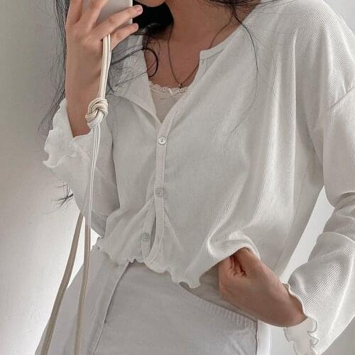 Spring Autumn Women Thin Knit Cardigan Solid Color Long Sleeve Trim Rib Tee Top Button Down Ladies Short Loose Tee Shirt