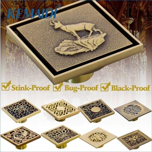KEMAIDI 10cm Floor Drains Antique Brass Shower Floor Drain Bathroom Deodorant Euro Square Floor Drain Strainer Cover Grate Waste