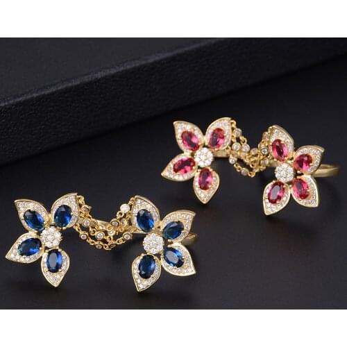 LARRAURI Luxury Engagement Dubai Bridal Double Finger Rings For Women Wedding Flower Leaf Cubic Zironia Rings Jewelry Addiction