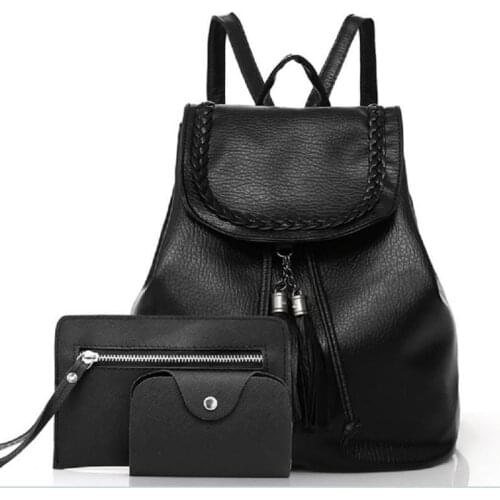 3Pcs Set Fashion Women Backpack Girls Travel PU Leather Backpack Tote School Shoulder Bag Black New /BY