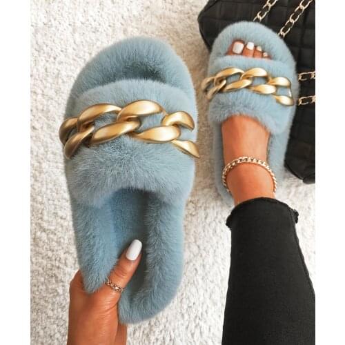Furry Fur Slides Plush Slippers Matte Gold Chain Fluffy Flip Flops Luxury Faux Fur Slippers Slip On Flats Womens Fashion Shoes