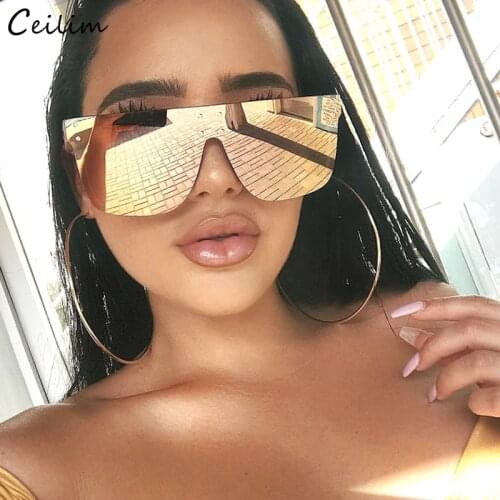 Fashion Mirror Sunglasses Women Brand Designer Oversized Rivet Flat Top Sun Glasses 2021 New One Piece Big Frame Pink Shades