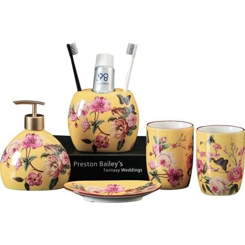 New Arrival Bathroom Set Ceramic Liquid Soap Dispenser/Dish Toothbrush Holder Gargle Cups 5 Piece Wedding Gifts Birthday Present