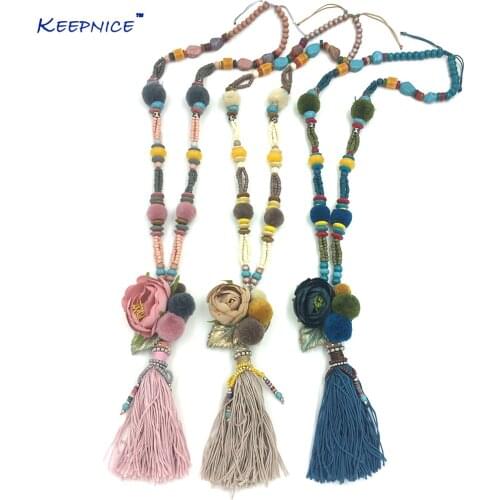 New Handmade Bohemia Jewelry Rose Flower Pendant Necklace Beaded Chain Retro Pompoms Tassel Pendants Necklace Long Fringe Tassel