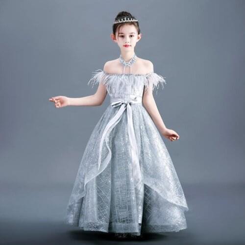 Girls Princess Dress Birthday Party Beading Mesh Stitching Tassel Evening Gown Kids Pageant Catwalk Dress For Girls L434
