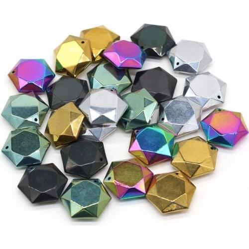 Charms Hematite Color Natural Agates Stone Pendant Plating Hexagon Shape Pendant for Making DIY Jewerly Necklace 25x25mm