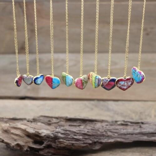 Heart Shape Sea Sediment Jaspers Pendants Gold Chains,Two-Tone Natural Imperial Jaspers Love Charm Necklace Women Jewelry,QC3030