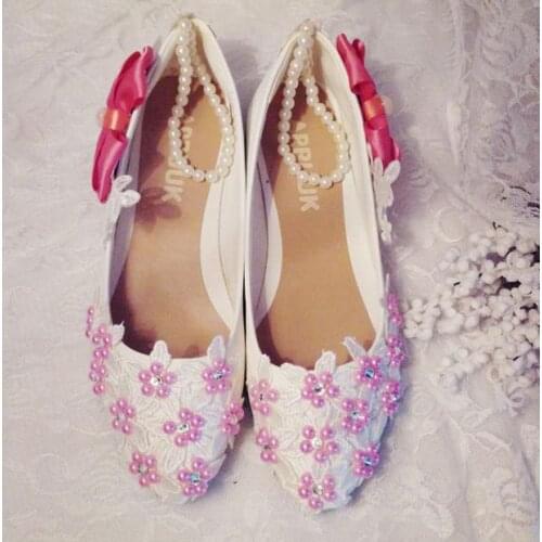 Pink pearls laces shoes woman handmade designer sweet 2018 new coming brides bridal wedding shoes flower girl proms dress shoe