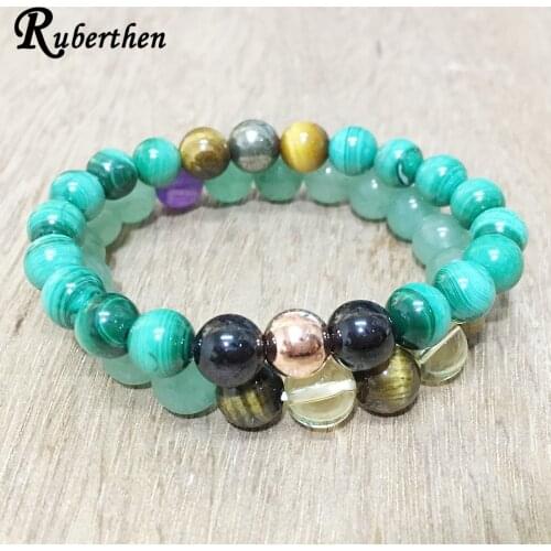 Ruberthen Energy Abundance Bracelet Set Natural Malachite Copper Tiger Eye A methyst Garnet Stacking Stretch Bracelet