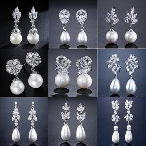 ZAKOL Delicate Cubic Zircon Leaf Drop Earrings for Women Fashion Imitation Pearl Bridal Wedding Jewelry Gift FSEP517