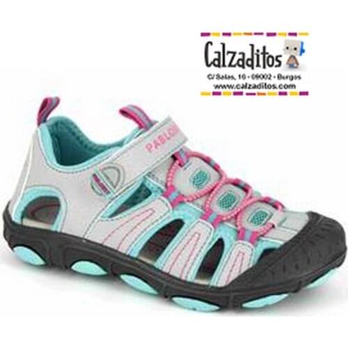 Sandals girl microfiber gray clarito and aquamarine with velcros of Pablosky