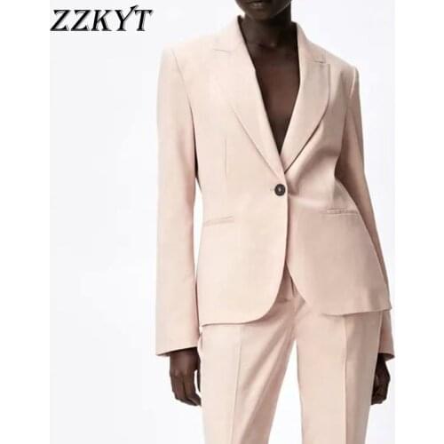 ZZKYT 2021 Women Spring Fashion Solid Pockets Blazer Coat Vintage Lapel Collar Long Sleeve Single Button Female Outerwear Tops