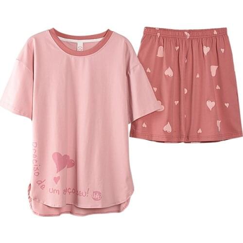M-XXL Pink Lady Pajamas Set 2PCS Cotton Print Sweetheart Sleep Suit Sleepwear Nightwear Pyjamas Summer Loose Home Clothes