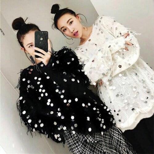 Women Sweater Black White Luxury Sparkle Sequins loose Sweaters High Street party knitting pullovers Tassel sweaters female NS11