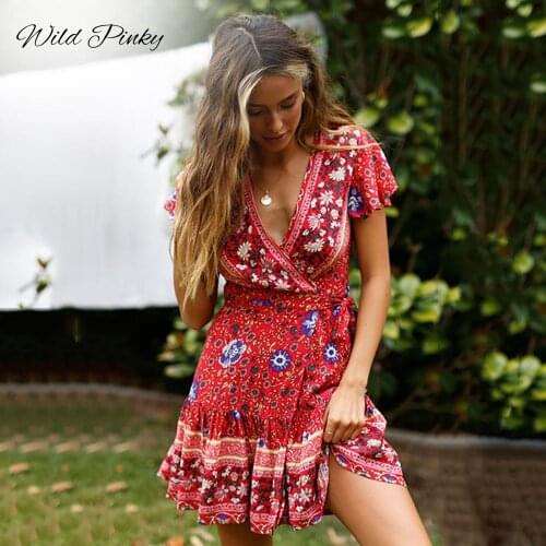 WildPinky Bohemian Floral Mini Women Summer Dress Festa V neck Ruffle Bandage Dress Female 2020 Elegant Holiday Beach Sundress