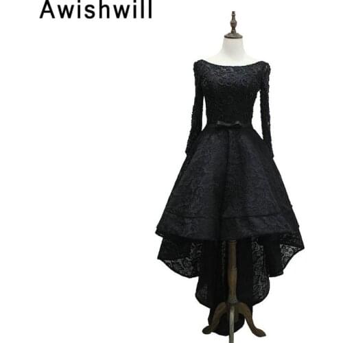 Vestido De Festa Real Photo Black Lace Evening Dress Long Sleeve Beadings High Low Party Prom Dresses Robe De Soiree 2020