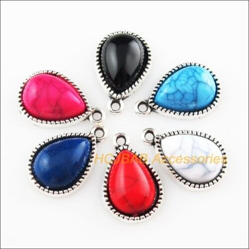 18 New Teardrop Mixed Charms Stone Tibetan Silver Tone Pendant 13x19.5mm
