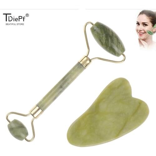 2 in 1 Green Roller and Gua Sha Tools Set by Natural Jade Scraper Massager Eye Face Neck Thin Lift Relax Face Slimming Tool