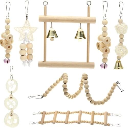 8pcs Parrot toys Swing Hanging Toy Pet Bird Cage Hammock Swing Toy Wooden Perch Swings Cage for Pets