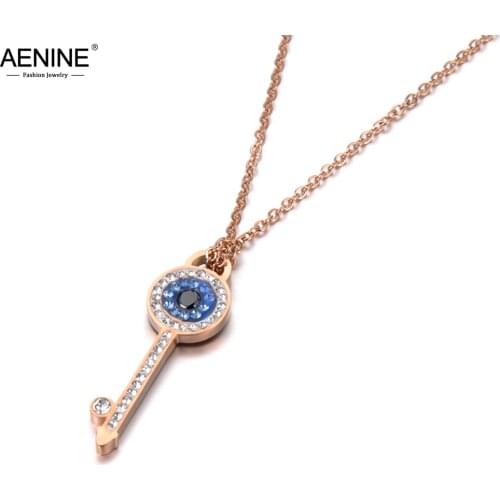 AENINE Trendy Titanium Stainless Steel Charm Necklaces Rose Gold Crystal Rhinestone Key Eye Pendant Necklace For Women AN18234
