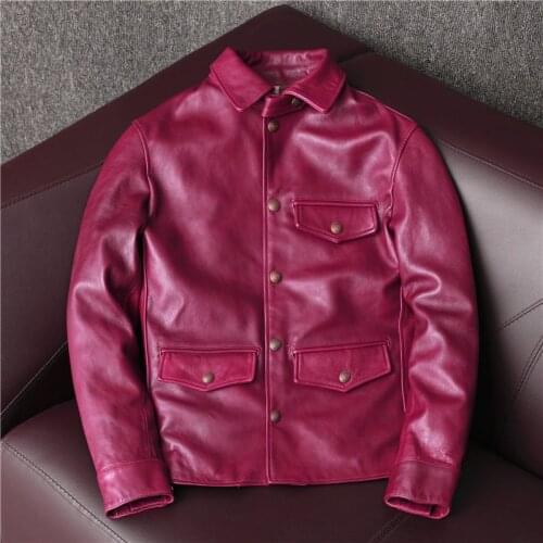 Free shipping.classic casual brakeman style genuine leather jacket.tanned sheepskin wine-red coat.quality tea core leather cloth