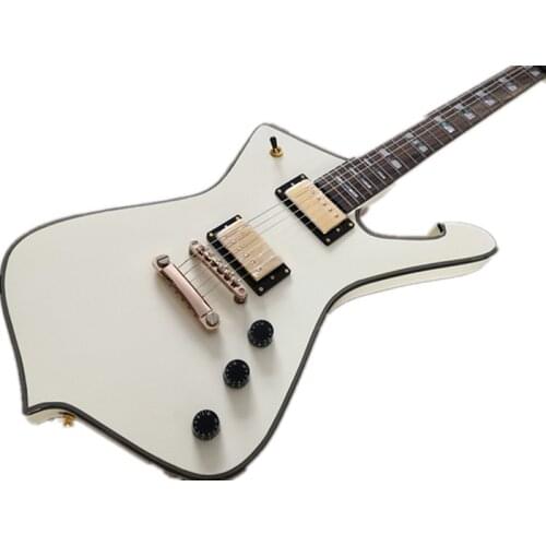 Free shipping custom 6 string cream yellow guitar,HH pickups,fixed bridge, pearl shell pickguard,gold buttons