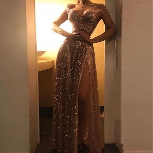 Shine Sequin Evening Dresses Luxury Long 2021 Off The Shoulder A-Line Sexy V-neck Side Split Prom Gowns Custom vestido de fiesta
