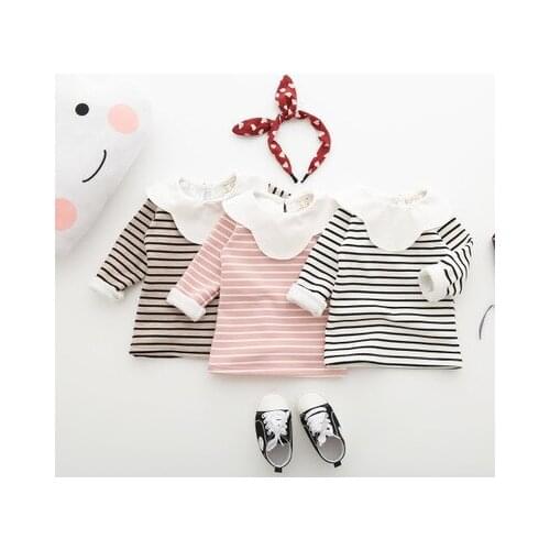 Baby Girls T Shirts Little Girl Turn-down Collar Pullover Winter Autumn fleece Striped Long Sleeve Cotton Babys Tees Tops 9-48 M