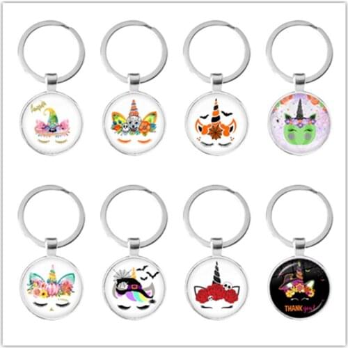 Halloween Unicorn Cosplay Keychain SchoolBag Glass Gem Charm Jewelry Witch Skull Pumpkin Key Chains Children Kids Gifts