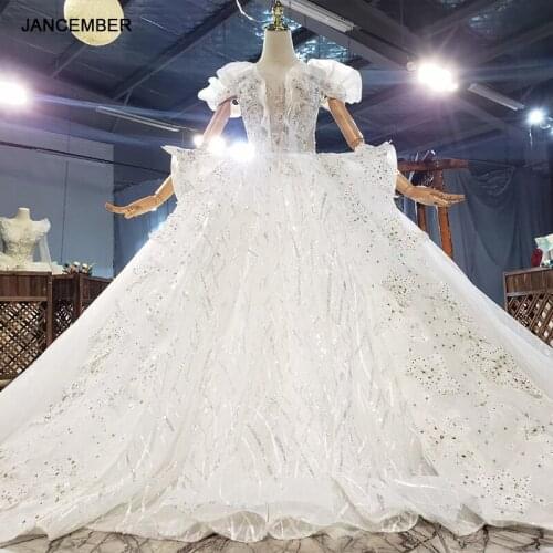 HTL1842 White Sequined Beading Wedding Dress 2020 Short Sleeve Applique Ball Gowns Boat Neck Lace Up Back