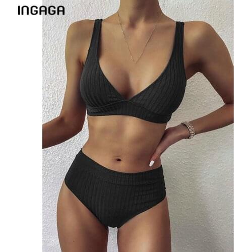 Beautiful Swimwear New 2021g Push Up Biquini Ribbed Bathing Suits Black V-Neck Bikini Set Women Monokini Padded Bathing Suits