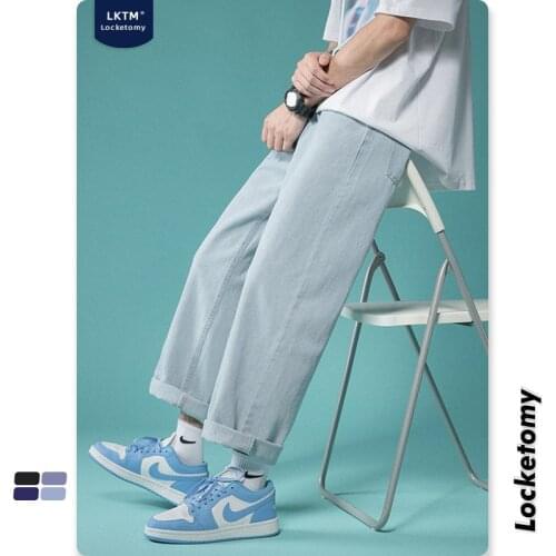 LKTM Mens #Jeans Male ins Summer Loose Straight Pendant Wide Legs Nine Points Loose Light Colored Casual Pants