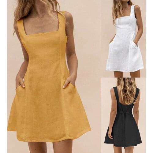 Leosoxs 2020 Summer New Fashion Sexy Spaghetti Straps Square Collar Womens Mini Dress Casual Solid Tunic Pocket Ladies Dresses