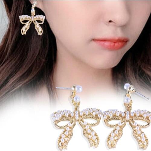 Fashion Charming Women Bowknot Faux Pearls Ear Stud Dangle Earrings Jewelry Gift Party Jewelry Gifts