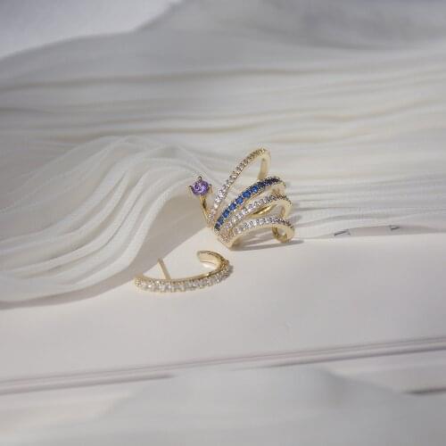 14k Real Gold Fashion Jewelry Colorful Crystal C-shaped Exquisite Asymmetric Earrings for Woman Holiday Party Elegant Earring