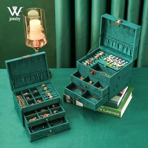 WE 3styles Portable Green Velvet Jewelry Storage Box with Lock Organizer Earring Necklace Display Organizer for Women Gifts