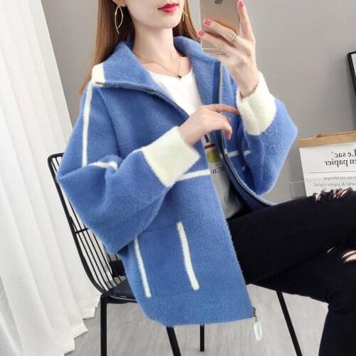 Autumn Winter 2021New Women Short Jacket Imitate Mink Fleece Cardigan Sweater Female Korean Zipper Loose Knitted Coat Female B