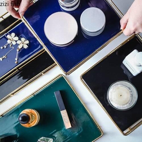 Simple Ceramic Trays Decorative Skin Care Product Storage Tray Cosmetic Display Plates Dressing Table Metal Framed Storage Plate
