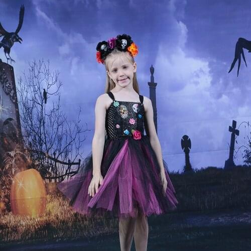 Sugar Skull Girls Halloween Costume Tutu Dress with Headband Kids Party Dresses Nightmare Costume Baby Scary Halloween Outfit