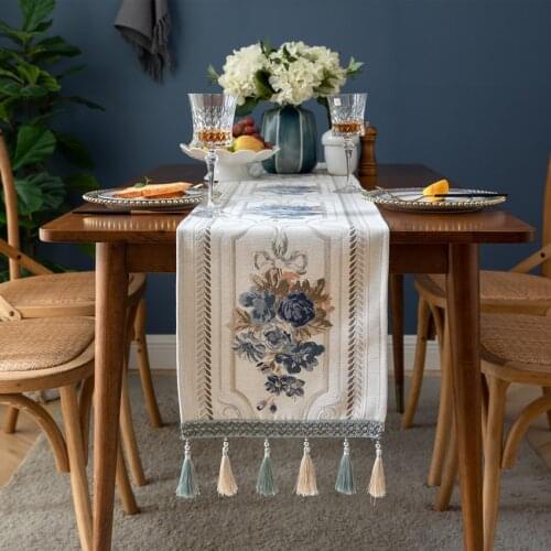 Nordic Polyester Table Runner Rectangle Embroidery Flower Dustproof Tassel Desktop Cover Decoration Use for Home Dining Table