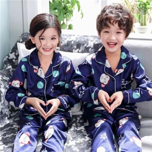 Spring Children Pajamas 2pcs Sets Cartoon Animals Printed Long Sleeve Silk Sleepwear Tops + Long Pants Unisex Pyjamas Tracksuit
